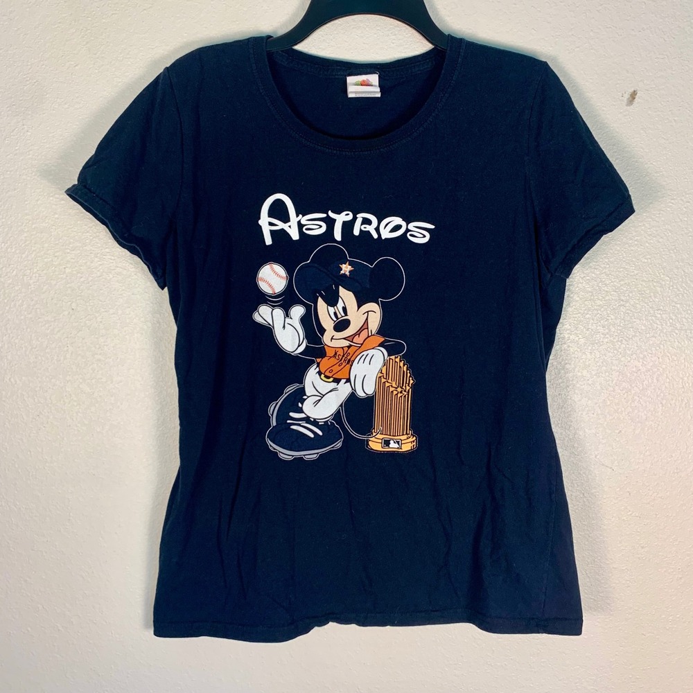 Houston Astros Mickey Mouse Black MLB Women's Large Tee Cotton Fruit of the Loom